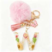 1 Móc khóa chữ cái tiếng Anh bằng nhựa hoa khô, thời trang nữ, hình bướm tua rua, quả cầu bông trang trí, quà tặng cho mẹ và bạn thân. - Hồng - Xem 11