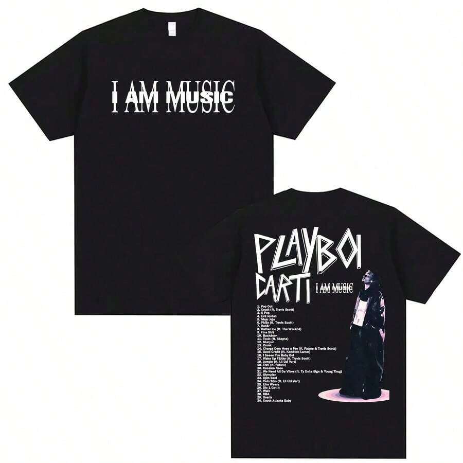 Carti 100% Cotton Graphic T-Shirt, I AM MUSIC Album, Men's Fashion, Casual Style, Plus Size, Unisex - 白色 - 查看 1