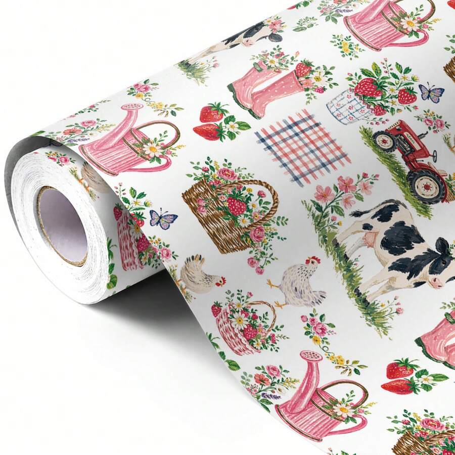 5m Roll Wrapping Paper, Cute Cow Pattern In Pink, 43cm X 500cm Coated Paper, Thickened Gift Wrapping Paper, Suitable For Birthday Gifts, Bachelorette Parties, Gift Decorations, And General Holiday Use - Dairy Farm - 5m - View 1