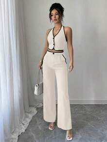 Set de 2 piezas para mujer: Top halter de cuello con recorte de contraste y espalda descubierta, y pantalones con bolsillo - Albaricoque - Ver 7