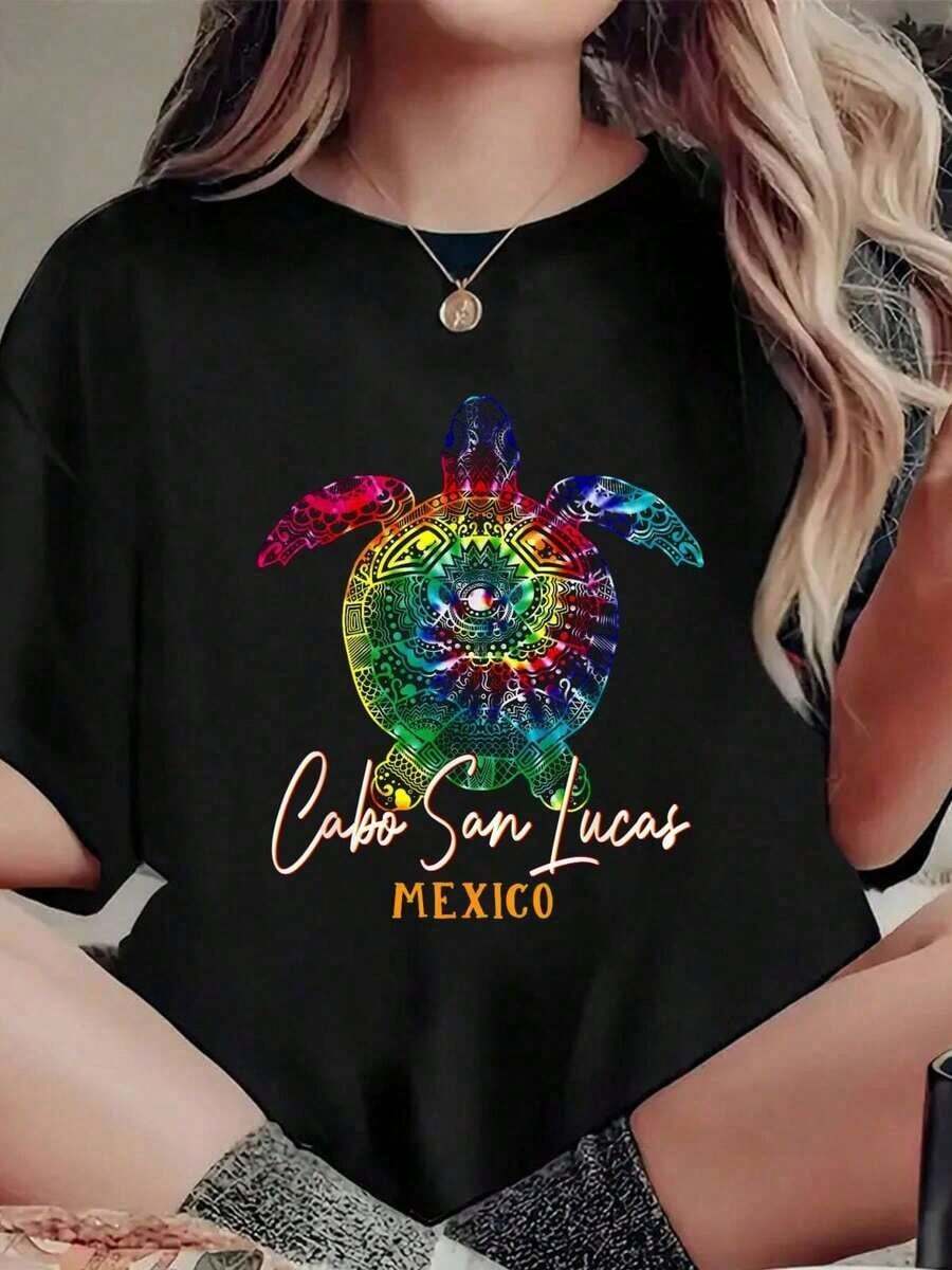Cabo San Lucas Tie Dye Sea Turtle Print T-Shirt For Family Vacation, Casual Crew Neck Short Sleeve Summer T-Shirt, Women's Clothing. - 黑色 - 查看 1