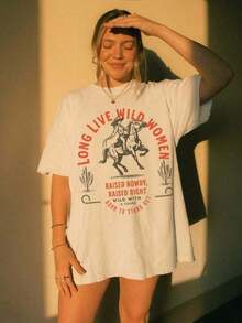 1 Piece Of Plus Size "Long Live The Wild Woman" T-Shirt | Vintage Women's Rights T-Shirt, Western Grunge Cowgirl Style, Crew Neck With Resist Print, Freedom T-Shirts 180g 100% Cotton - 白色的 - 查看 1