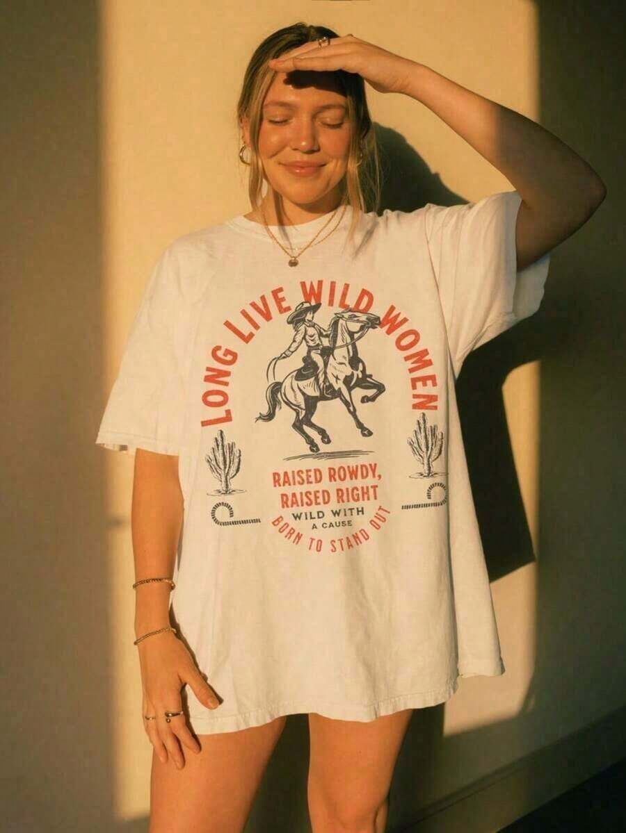 1 Piece Of Plus Size "Long Live The Wild Woman" T-Shirt | Vintage Women's Rights T-Shirt, Western Grunge Cowgirl Style, Crew Neck With Resist Print, Freedom T-Shirts 180g 100% Cotton - 白色的 - 查看 1