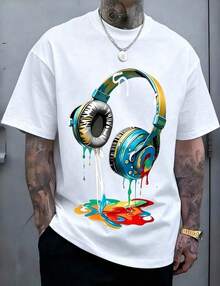 1 Men's Black T-Shirt With Colorful Headphone Print, Round Neck, Casual Cotton T-Shirt, Medium Elasticity Knit Fabric, Regular Fit For Young Men, Perfect For Spring/Summer/Autumn. - 白色 - 查看 1