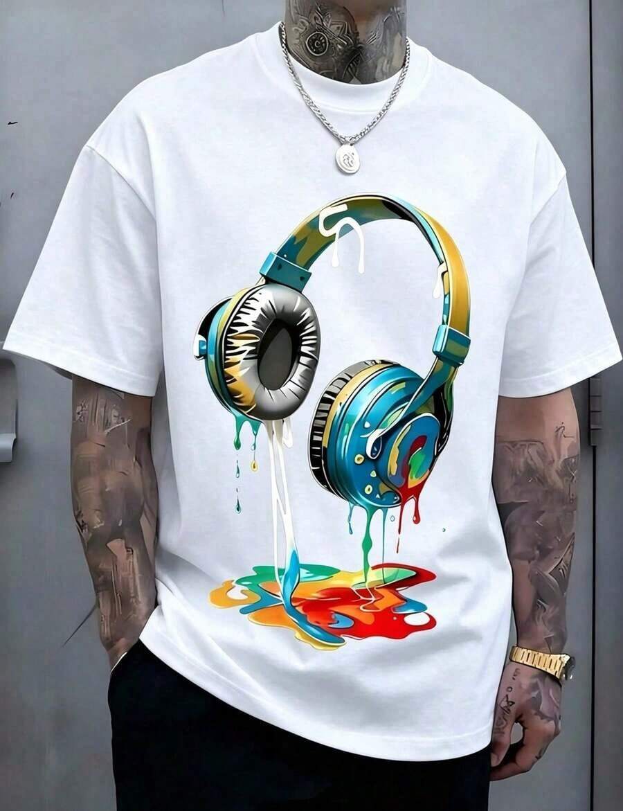 1 Men's Black T-Shirt With Colorful Headphone Print, Round Neck, Casual Cotton T-Shirt, Medium Elasticity Knit Fabric, Regular Fit For Young Men, Perfect For Spring/Summer/Autumn. - 白色 - 查看 1