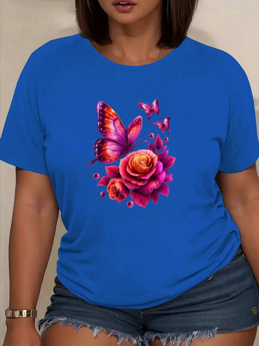 Camiseta cómoda de manga corta para mujer, regalo para las vacaciones, camiseta para mujer para la vuelta al cole - cómoda y relajada, cuello redondo, camiseta con estampado de mariposas, top casual elegante con entrega local, top de algodón puro para el verano y actividades al aire libre. W3BE - Azul - Ver 1