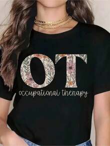 Premium Floral OT T-Shirt For Occupational Therapists - Cute And Comfortable White T-Shirt With A Botanical Design, Perfect Gift For Occupational Therapists, Workwear Or Casual Wear, Ideal For Occupational Therapy Week, Graduations, Or Career Celebrations. Gift Idea. - 黑色 - 查看 1