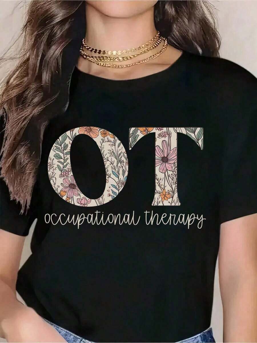 Premium Floral OT T-Shirt For Occupational Therapists - Cute And Comfortable White T-Shirt With A Botanical Design, Perfect Gift For Occupational Therapists, Workwear Or Casual Wear, Ideal For Occupational Therapy Week, Graduations, Or Career Celebrations. Gift Idea. - 黑色 - 查看 1