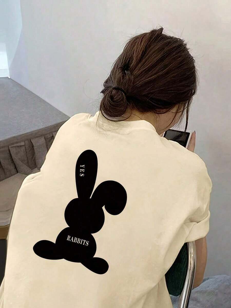 Graphic Short Sleeve T-Shirts, New Release, 1 Piece Round Neck T-Shirt With Red Rabbit Print, Casual Short Sleeve Top For Spring And Summer, Daily Casual Clothing For Women, 100% Cotton. - 杏色 - 查看 1