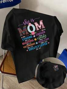 New Men's 180g Heavyweight Cotton T-Shirt, Mother's Day T-Shirt, With Mom Is Strong Print On The Front And Back, Modern Short-Sleeved T-Shirt For Men, Suitable For Casual Daily Wear And Outdoor Fitness Activities, Unique Double-Sided Pattern Design - Suitable For Spring And Autumn As An Inner Layer And For Summer As An Independent Garment, Unisex. - 黑色 - 查看 1