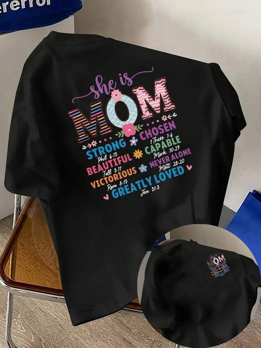 New Men's 180g Heavyweight Cotton T-Shirt, Mother's Day T-Shirt, With Mom Is Strong Print On The Front And Back, Modern Short-Sleeved T-Shirt For Men, Suitable For Casual Daily Wear And Outdoor Fitness Activities, Unique Double-Sided Pattern Design - Suitable For Spring And Autumn As An Inner Layer And For Summer As An Independent Garment, Unisex. - 黑色 - 查看 1