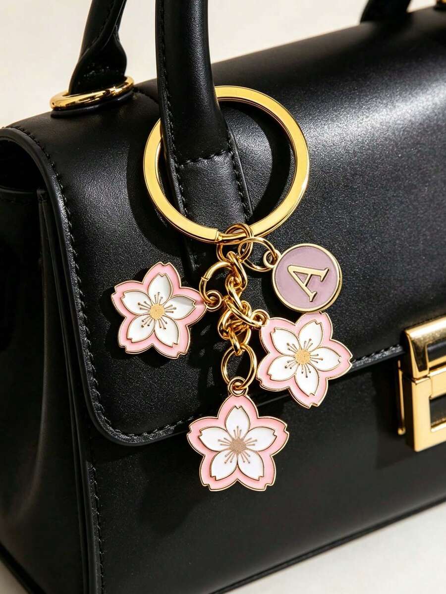 櫻花琺瑯字母鑰匙圈，優雅雙色花卉鑰匙環，個性化字母鑰匙環，女性優雅花卉主題配件，耐用合金鑰匙圈，適用於背包、錢包、手機、耳機、車鑰匙，獨特生日禮物、節日禮物、派對禮物、春季禮物、婚禮禮物、開學禮物