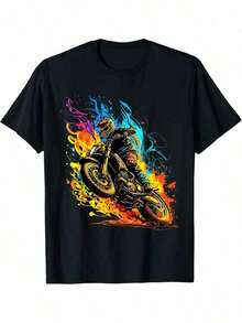 Funny Motocross T-Shirt For Motorcyclists, Supercross Racing, Motocross Racing, Flying Jumps And Flames - White - View 1