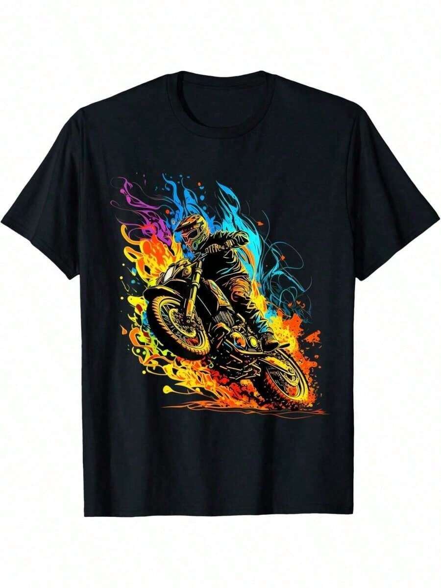 Funny Motocross T-Shirt For Motorcyclists, Supercross Racing, Motocross Racing, Flying Jumps And Flames - White - View 1