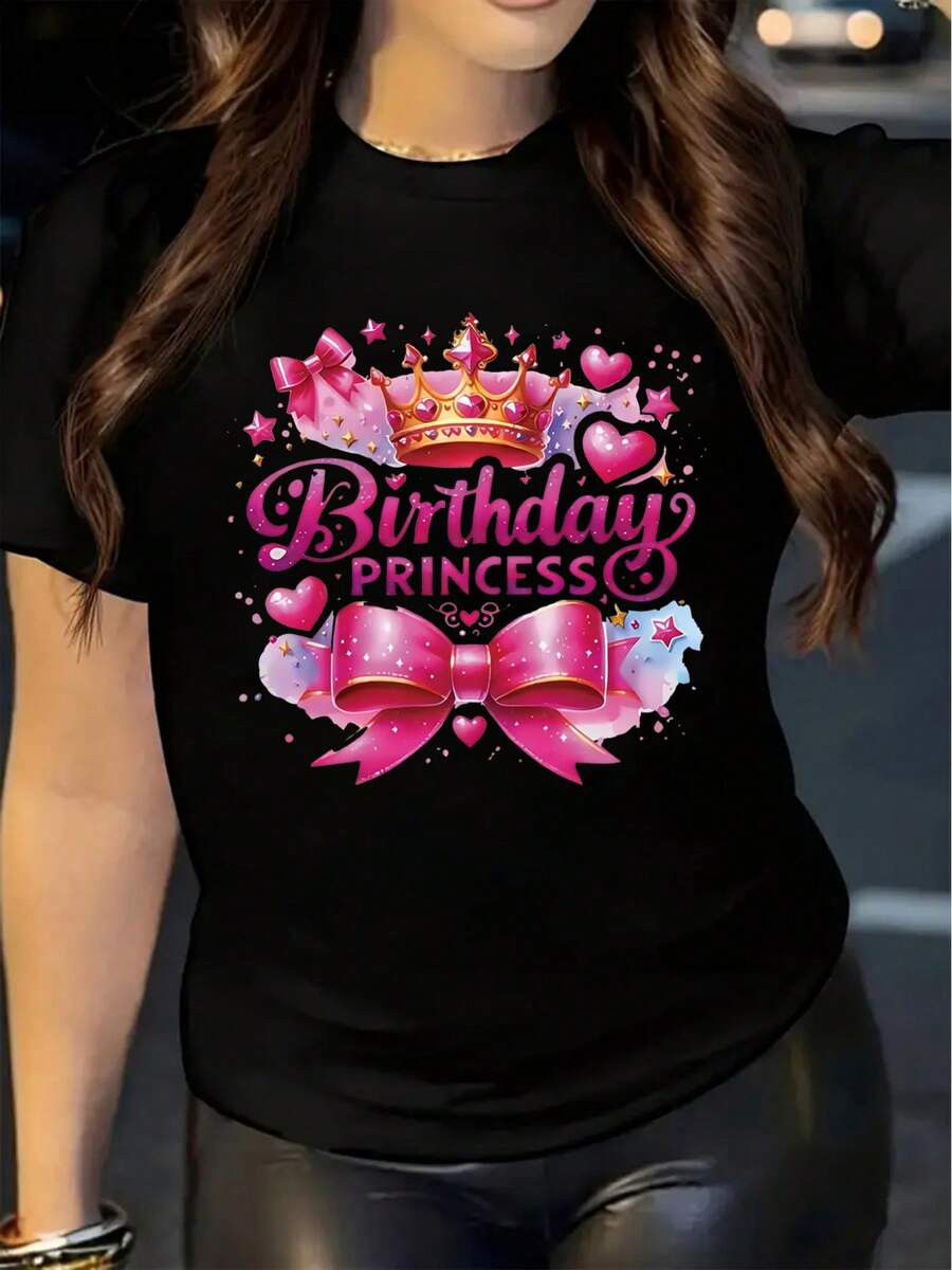 Women's Casual Short Sleeve Crew Neck Printed T-Shirt, Spring/Summer | With Crown, Bow And Heart Design, Ideal As A Birthday Gift. - 黑色 - 查看 1