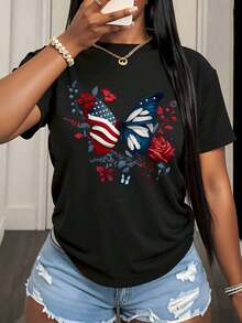 Women's T-Shirt With Floral Butterfly And American Flag Design, Patriotic For Independence Day, July 4th, Casual Summer Style, Fashion Graphic T-Shirt, 220g - Urban Vintage Style, Unisex, 100% Pure Cotton, Short Sleeve, Round Neck. - 黑色 - 查看 3