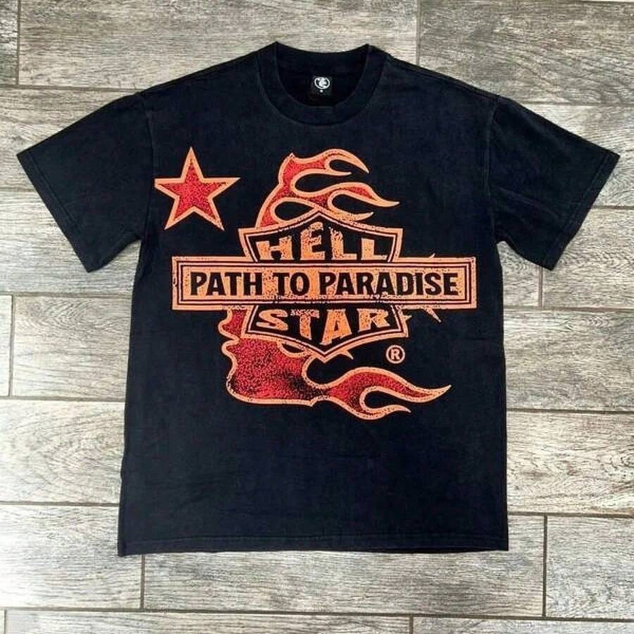 Local -72 Hellstars Path To Paradise Style Vintage Graphic T-Shirt180g 100 CottonRound Neck Short SleeveBlack Streetwear - 黑色 - 查看 1