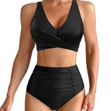 New Two-Piece Swimsuit, Sexy High-Waisted Bikini With Ruching And Solid Color. - FF879BK - 查看 6
