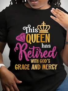 Printed T-Shirt For Plus Size Queen And Retiree, Casual Short Sleeve Round Neck Top For Spring And Summer, Women's Plus Size Clothing - 黑色 - 查看 1