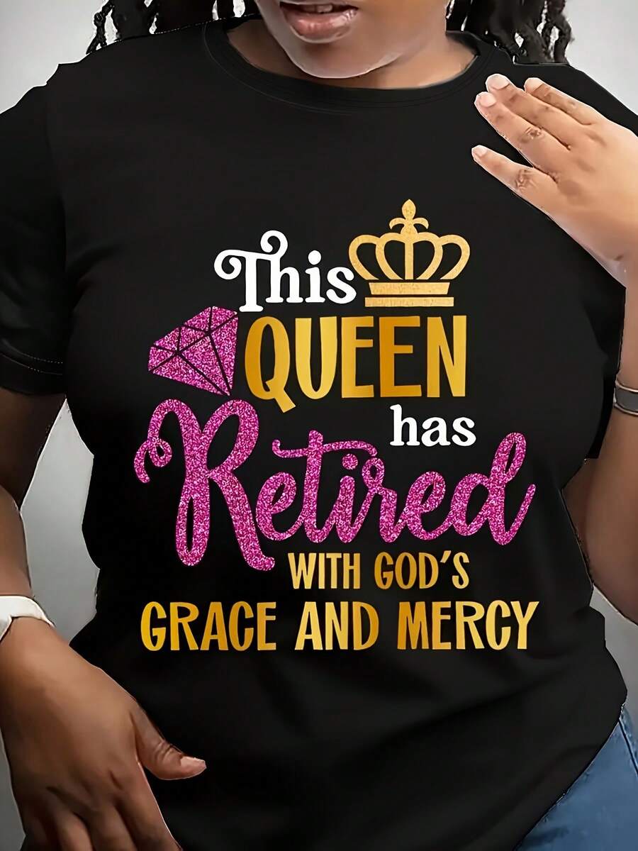 Printed T-Shirt For Plus Size Queen And Retiree, Casual Short Sleeve Round Neck Top For Spring And Summer, Women's Plus Size Clothing - 黑色 - 查看 1