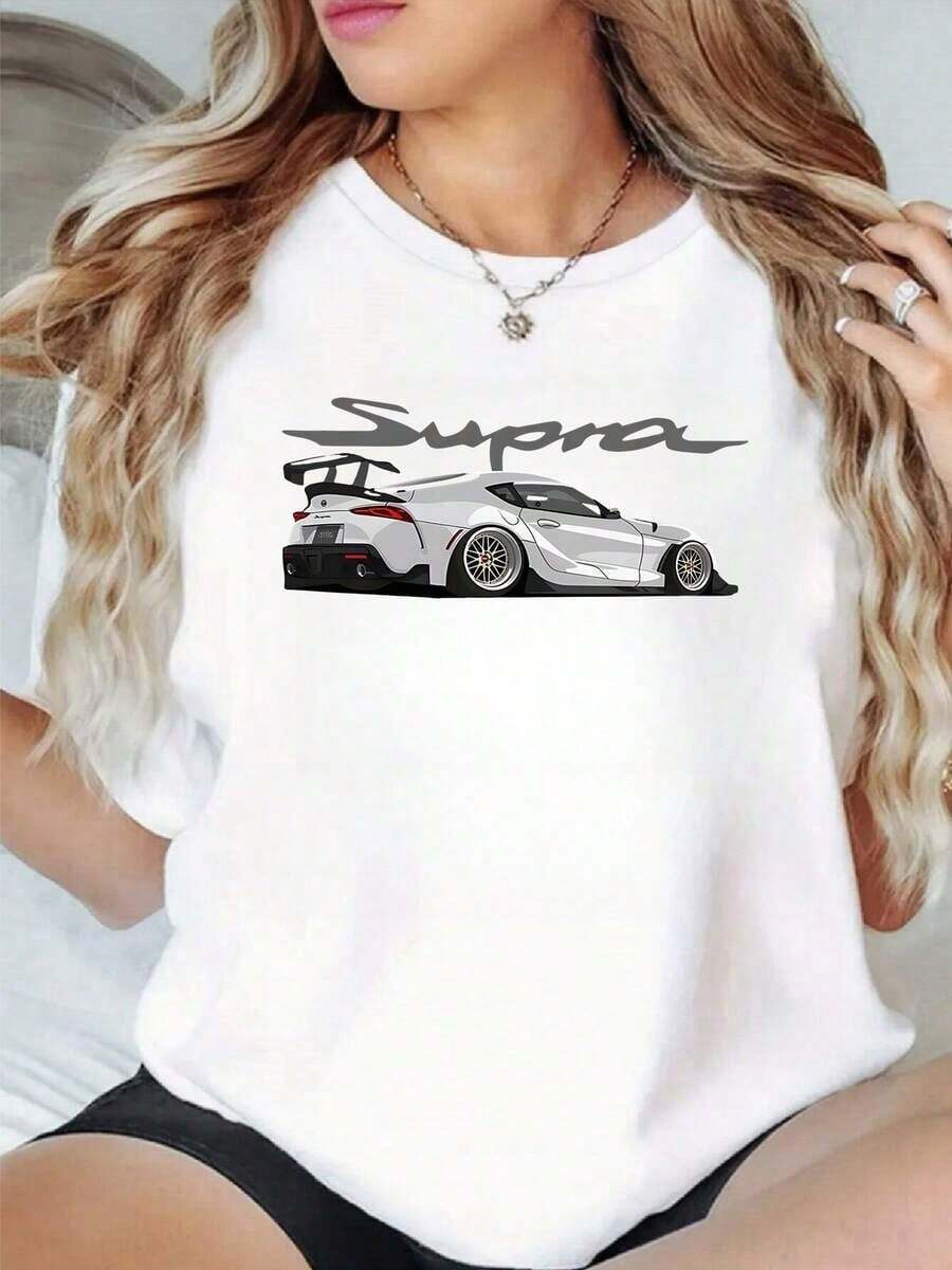 100% Cotton. Modern Sports Car Graphic Symbolizing Speed, Freedom, And Passion For Automotive Culture On A Women's T-Shirt. 100% Soft And Comfortable Cotton. Women's Simple Solid Color T-Shirt, Loose And Slim Fit Casual Short Sleeve - 白色的 - 查看 1