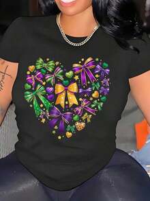 Women's T-Shirt With Heart And Bow Pattern, Gras Festival Outfit, New Arrivals, Women's Clothing, Gifts For Women - 黑色 - 查看 2