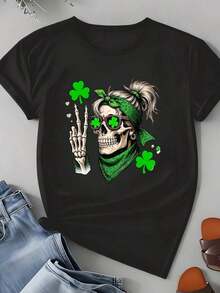 Women's T-Shirt With Skull, Shamrock And Bandana, St. Patrick's Day Theme, Casual Wear, New Arrivals, Gifts For Women - 黑色 - 查看 4