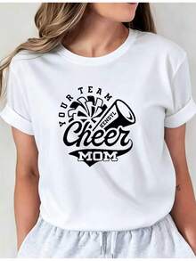 Soft Latest Style Graphic Print T-Shirt For Mother's Day And Team Moms, Basic Casual Crew Neck Short Sleeve T-Shirt For Spring And Summer Vacation, New Women's Clothing, Machine Washable, Casual Crew Neck Top, Comfortable Women's Clothing, Cute, New Arrival - 白色 - 查看 1