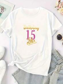 1 Piece Y2K Style Women's Short Sleeve Top With 15th Birthday Celebration Print, Birthday Gift. Elegant Party Outfit, T-Shirt For Elegant Ladies, Blouses Suitable For Curvy Women, Casual Wear, Cool And Sweat-Free Summer Clothing, Fun Letter Print. - 白色 - 查看 3