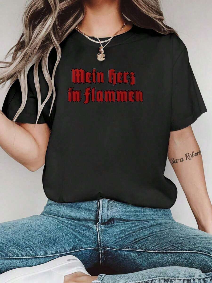 Women's Casual Black T-Shirt With 3D Print Of The Letter "M" In Red, Short Sleeve And Round Neck For Spring And Summer, Ladies' T-Shirts, Women's Blouses > Clothing - 黑色 - 查看 1
