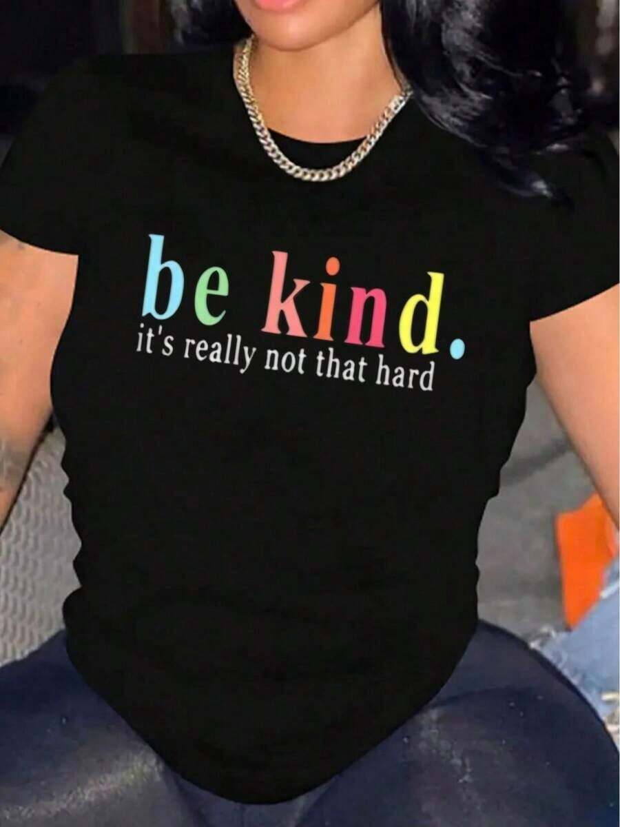 Camiseta Casual de Manga Corta para Mujer, 1 Pieza, 100% Algodón Pesado - Cuello Redondo Cómodo, Camisetas Adorables y Suaves, Camisetas de Manga Corta, Camisetas Gráficas para Mujer, Camisetas de Verano, Camisetas Casuales, Camisetas de Verano, Tops, Ropa de Verano para Mujer, Camiseta Casual de Manga Corta con Cuello Redondo Cómoda, blusas elegantes para dama. - Negro - Ver 1