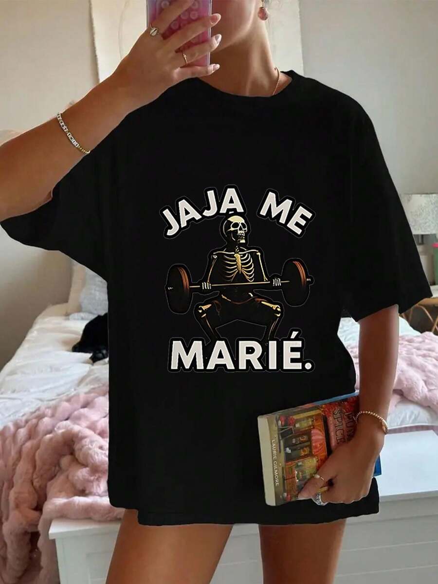 Women's Plus Size Summer Loose Fit Short Sleeve T-Shirt With Print, 1 Piece. Beautiful Blouses For Women, Women's Clothing Sets. Black And White Skeleton Print T-Shirt, High-Quality Print, Round Neck, Loose Basic Fit, Breathable, Versatile, Machine Washable, Comfortable, Sizes S-3XL, Summer Essential, Casual And Sporty For Everyday Wear. Plus Size Women's Short Sleeve T-Shirt, Suitable For Valentine's Day, Easter, And More. - 黑色 - 查看 1