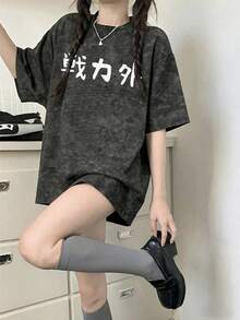 新款夏季 Z 世代 Y2K 风格女式趣味日文英文文字印花圆领短袖 T 恤 - 黑色 - 查看 4