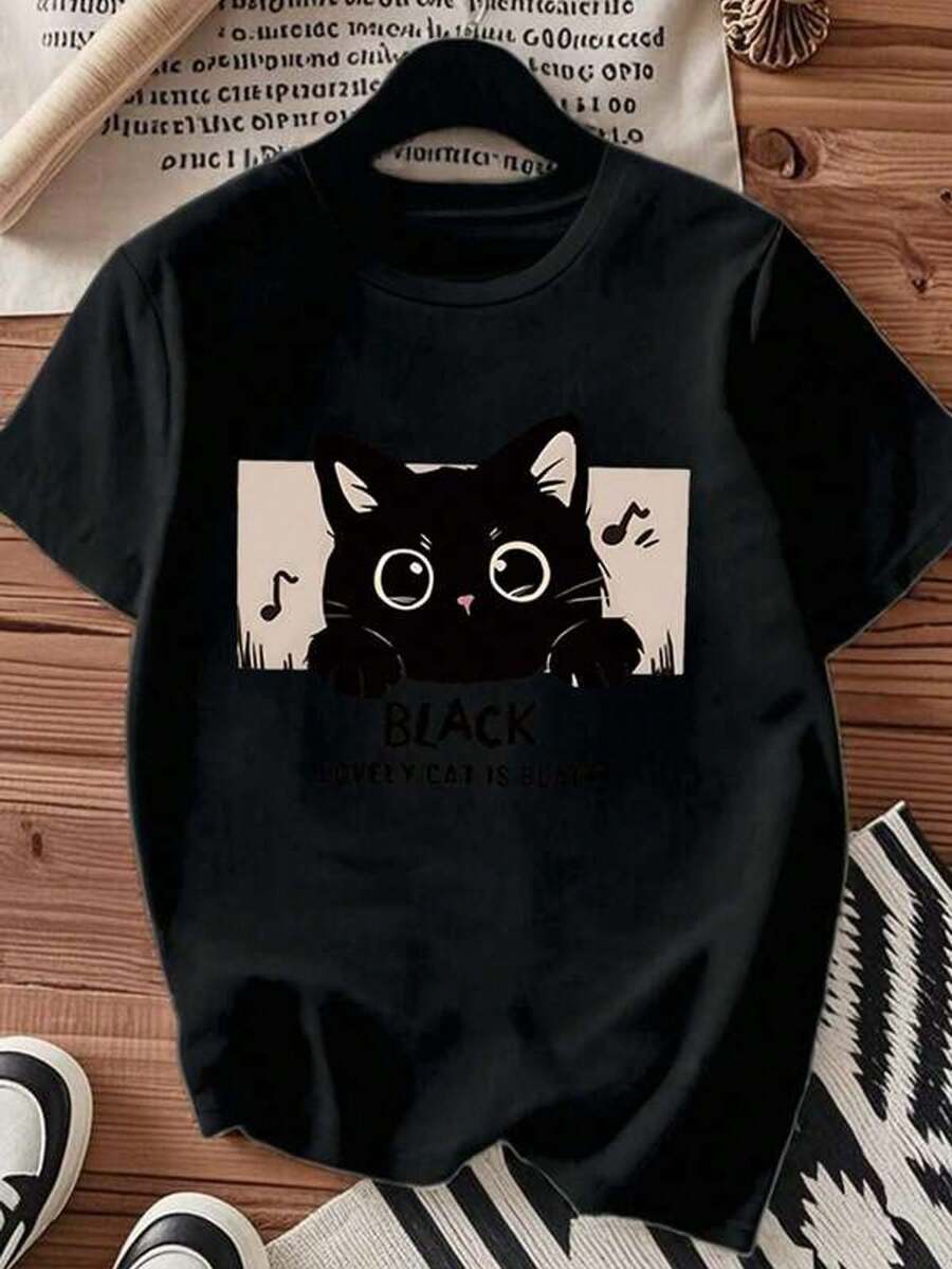 Unisex T-Shirt With A Black Cat Print And Music Theme. Breathable, Versatile, Machine Washable, And Very Comfortable To Wear. Ideal For Everyday Casual Wear And Sports, A Summer Essential. - 黑色 - 查看 1