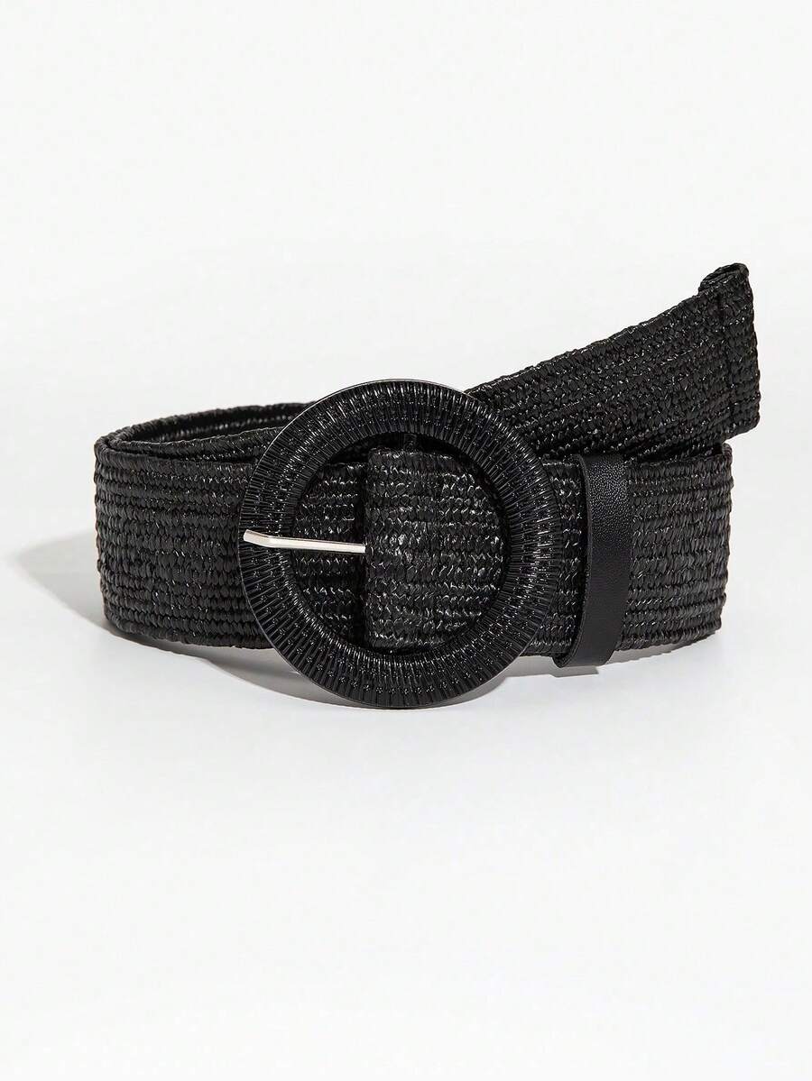 1pc Bohemian Style Color Block Woven Elastic Waist Belt With Classic Round Buckle, Suitable For Spring/Summer Dresses - Black - View 1