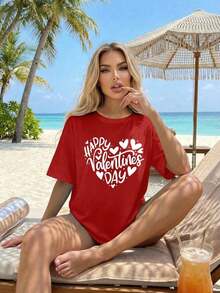 NewSummerCasualWomen's Oversized Short Sleeve Crew Neck T-Shirt With Letter, Heart, And Slogan Print For Spring/Summer/Autumn/Winter - Vintage Street Style Unisex Loose Cotton Short Sleeve Crew Neck T-Shirt - 紅色的 - 查看 4