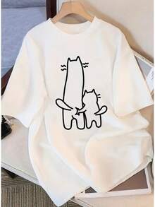 Women's Custom Pure Cotton Short-Sleeved T-Shirt, Exclusive Design, Printed, Minimalist Casual Style, New Summer Style, Loose Fit, Fitted Top For Students, Unisex Urban Vintage Style Cotton Loose Fit Round Neck Short-Sleeved T-Shirt For Women. - 白色 - 查看 6