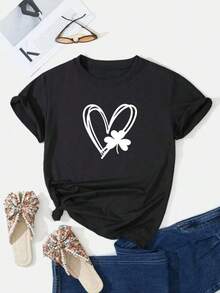 1 Pieza Camiseta Unisex Holgada 180g 100% Algodón Puro, Camiseta única Y2K con diseño de corazón y trébol en blanco para un look moderno y casual ideal para cualquier ocasión en México, perfecta para quienes buscan estilo y originalidad en su vestimenta. Cómoda y versátil para escuela, trabajo, salidas y eventos casuales - Negro - Ver 6