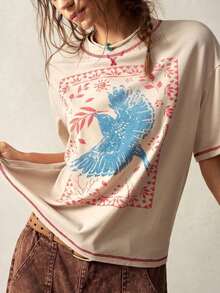 Y2K Style, Fashionable Style, 2026 Newest, Cute Style, Casual Style. Women's Casual Crew Neck Loose Fit Short Sleeve Solid Color Knit T-Shirt 180g (S-XXXL) - 杏 - 查看 3