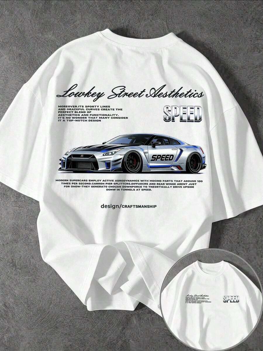 Men's Casual Short Sleeve Crew Neck T-Shirt With Racing Street Slogan Print - Yellow - View 1