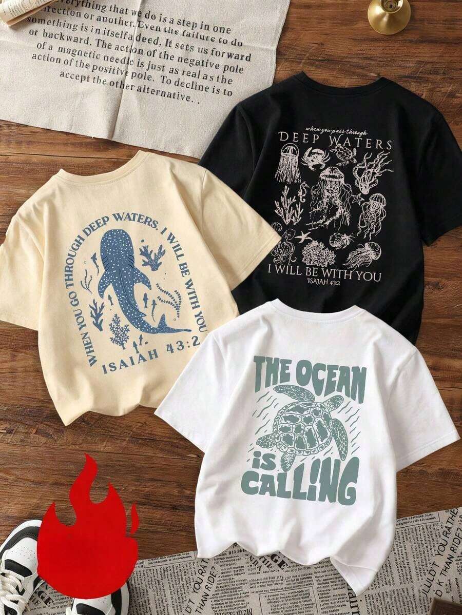 Set Of 1 Women's Short-Sleeved T-Shirt With Round Neck, Minimalist And Colorful Graphic Print Of Letters, Sea Turtle, Dolphin And Jellyfish, Versatile, Suitable For Women's Blouses, Casual Holiday Wear, Spring - 黑色 - 查看 1