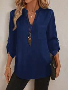 Blusa casual de mujer de unicolor y cuello con muesca, de manga 3/4, versátil y adecuada para uso en la oficina en otoño/invierno, casual - Azul marino - Ver 3