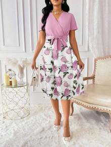 Vestido de mujer con cuello en V y cinturón, manga corta, vestido largo de verano para mujer - Rosa - Ver 4