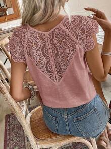 Frenchy Camiseta de algodón de bambú de unicolor de verano con parche de encaje blanco soluble en agua y escote en V. Cómoda y transpirable para uso diario, vacaciones y viajes.Estilo Cottagecore, blanco, temporada de bodas - Rosa - Ver 2
