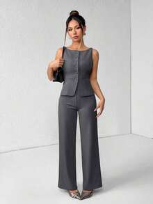 PETITE Conjunto de chaleco y pantalones de un solo pecho de unicolor con cuello redondo, elegante traje de oficina para mujer, ropa de mujer de verano y otoño, conjunto de oficina, ropa casual de negocios, conjunto de dos piezas, ropa de oficina de otoño para mujer, conjunto de blazers para mujer - Gris Oscuro - Ver 3