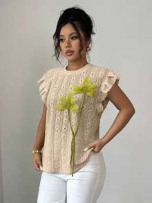 Camiseta de mujer con flores tridimensionales lindas y contrastantes para verano y otoño - Caqui - Ver 5