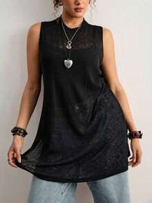 Freevana Blusa sin mangas con estampado floral vintage bohemio y encaje, talla grande, nueva llegada de primavera, adecuada para el Día de San Valentín, festivales de música - Negro 3 - Ver 4