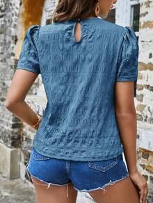 Blusa de manga corta con textura sólida y mangas tipo farol  VCAY - Niebla azul - Ver 2