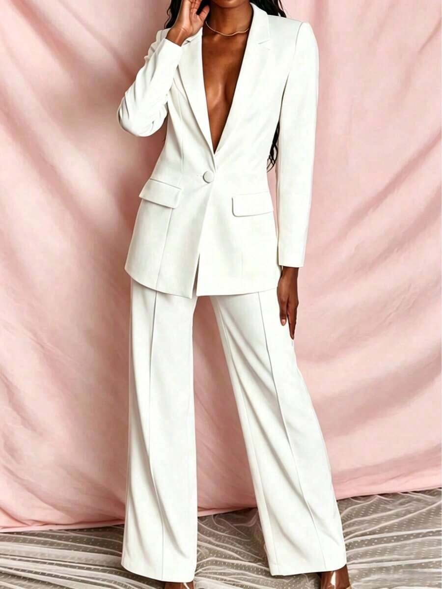 Conjunto de blazer y pantalones de unicolor y manga larga minimalista para mujer - Blanco - Ver 1