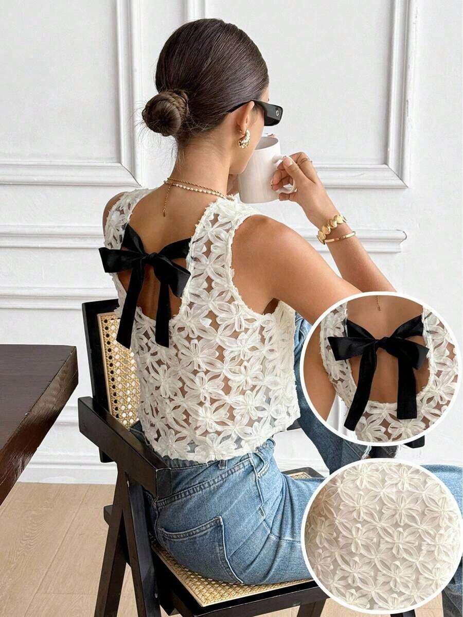 Blusa sin mangas casual y versátil con cuello redondo, decoración de moño y jacquard - Albaricoque - Ver 1